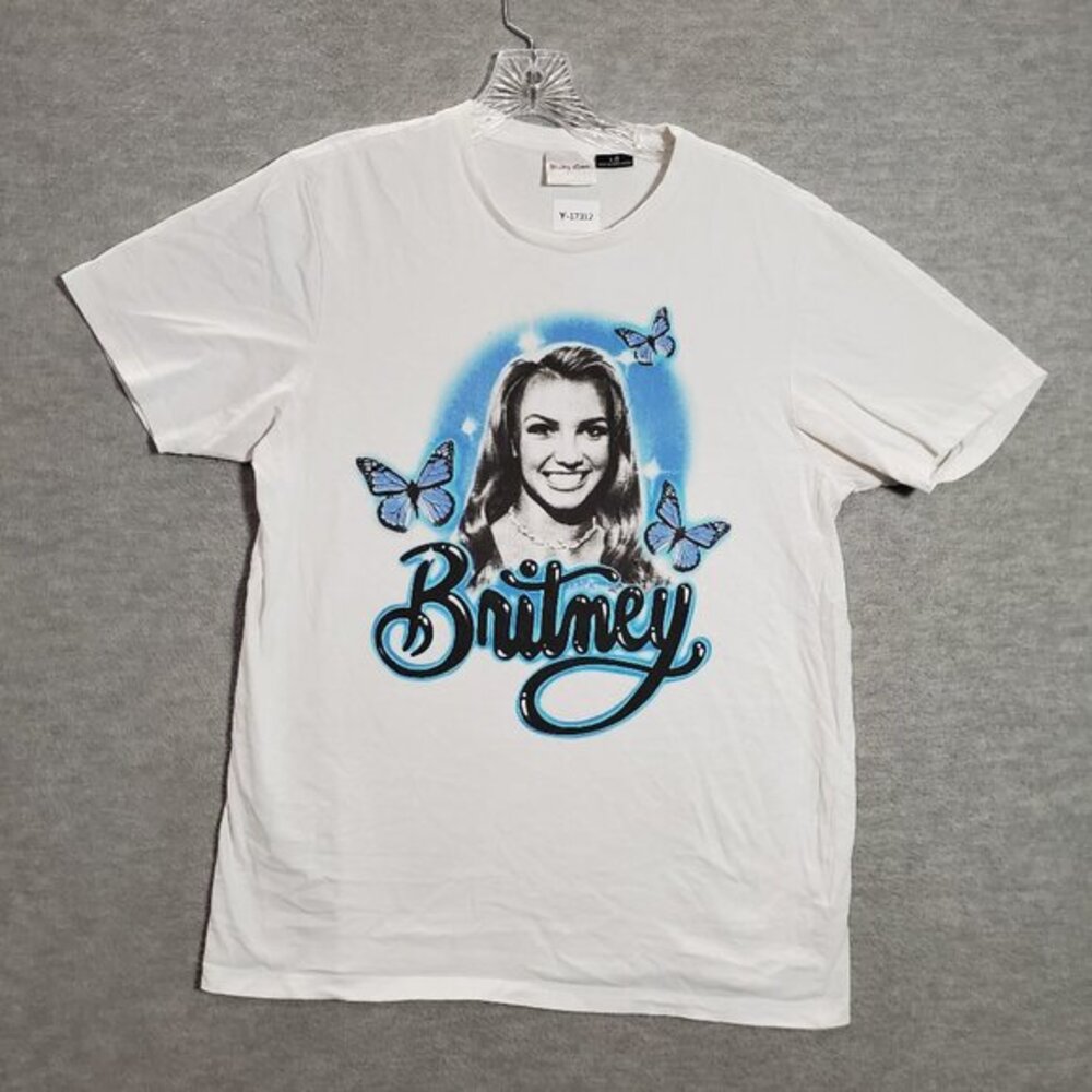 Britney Spears Women Top‎ Large White Airbrushed Butterfly Graphic Music Tee